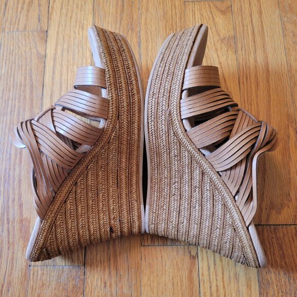 UGG 7.5 Leather Strappy Woven Wedge Heels 100712 MELINDA Suntan Cognac Espadrill - Picture 7 of 8